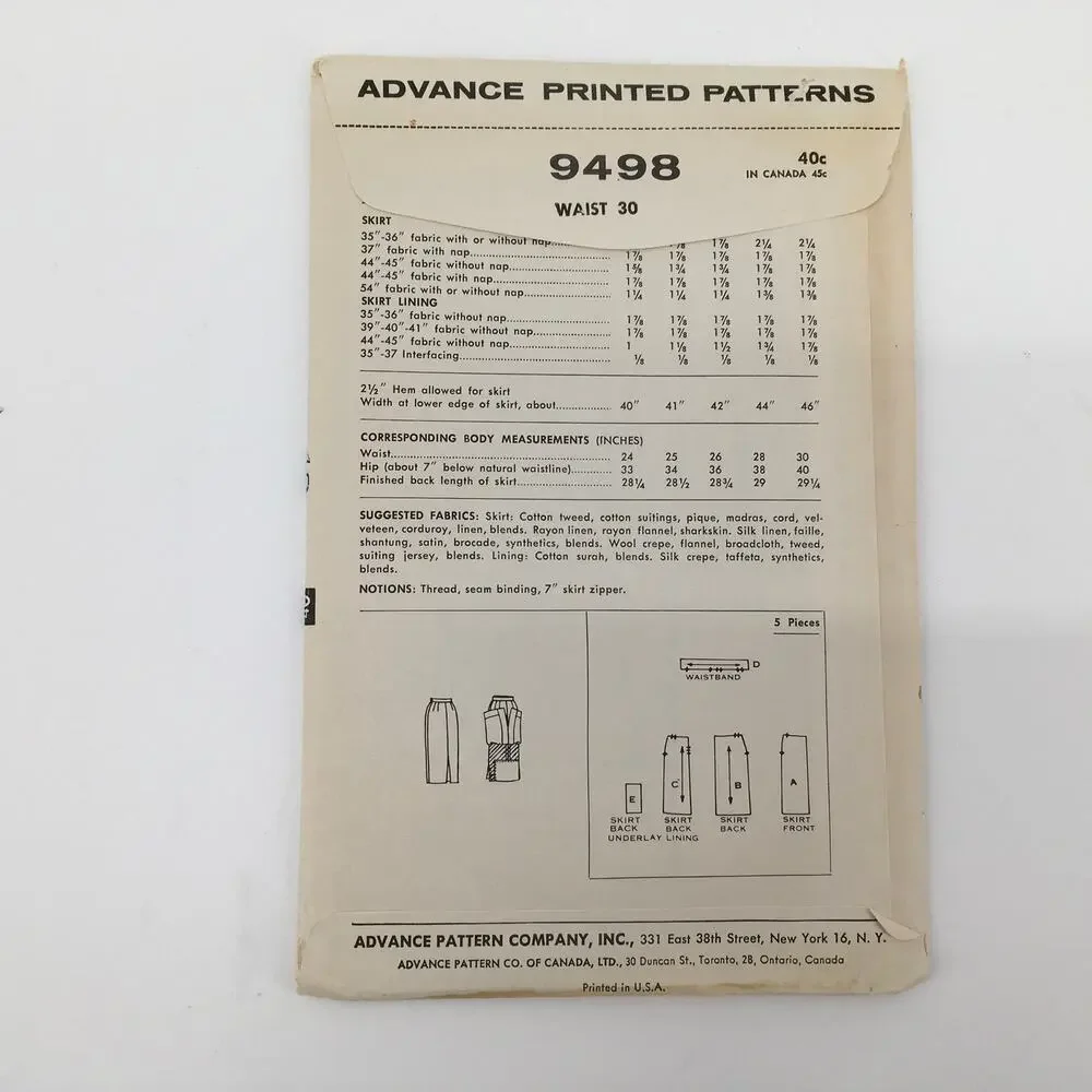 Vintage Advance Sewing Pattern 9498 Bishop Method Misses Skirt Waist 30 UNCUT